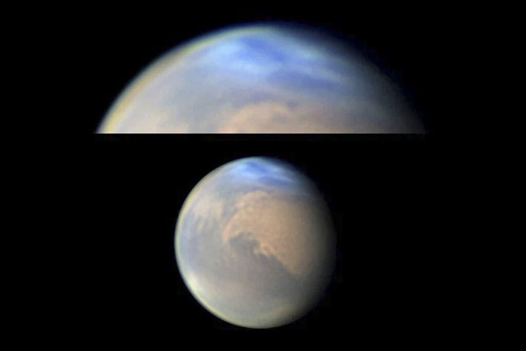 Почему на этом снимке Марс имеет бело-синий цвет?